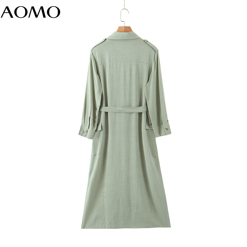 

AOMO 2020 autumn fashion women green shirt dress long sleeve with slash ladies work midi dress vestidos 3Z104A