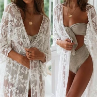 sexy white lace crochet kimono bikini cover up women swimwear cardigan wrap beachwear beach dress long cover ups