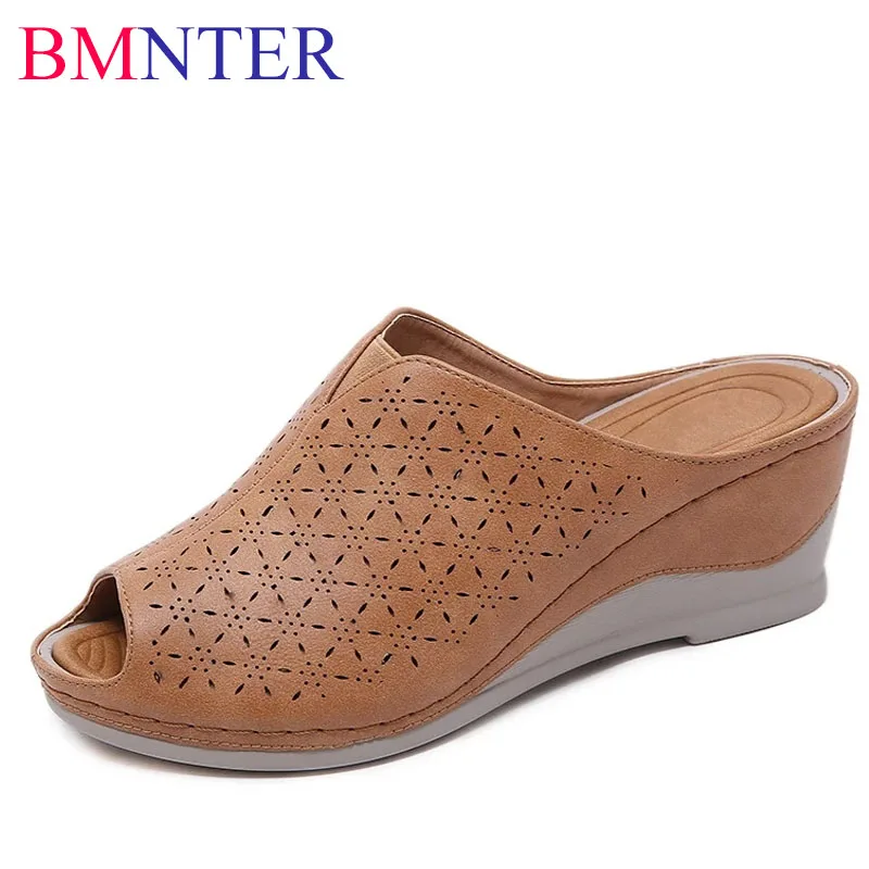 

Сланцы BMNTER женские на танкетке, ПУ кожа, открытый носок, Нескользящие, шлепанцы, 2021