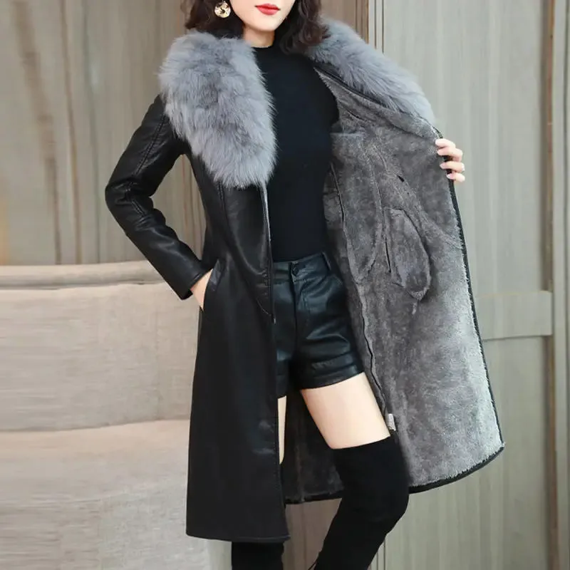 

Big Fur Collar PU leather Jacket Autumn Winter Velvet Thicken Soft Faux PU leather Coat Women Korean Long Overcoat 4XL 2356
