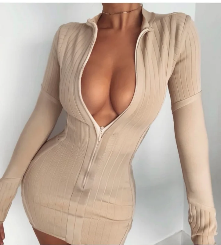 

Соблазнительное вечернее платье на молнии, новое модное женское элегантное облегающее платье с длинным рукавом, мини-платья цвета хаки