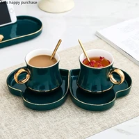 european style green coffee cup set combination couple drinking glasses with spoon with saucer household mug afternoon tea cup