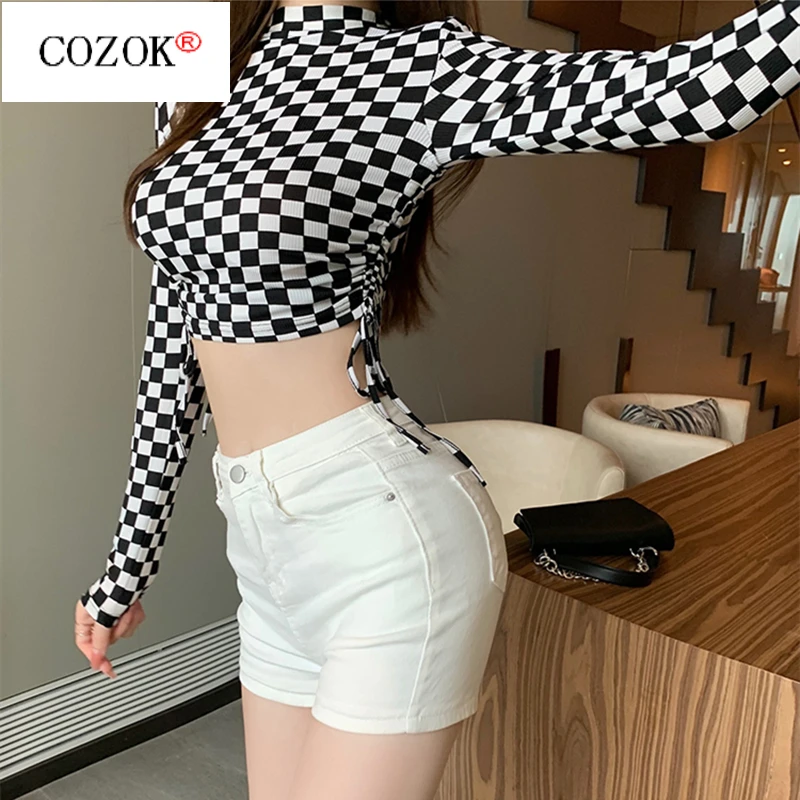 

Black and White Chessboard Check Long Sleeve T-shirt Women's Early Autumn Design Sense of Minority Slim Short Top