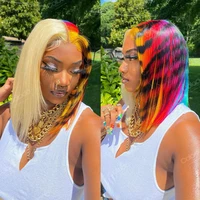 cheetah color lace front human hair wigs half 613 half rainbow straight lace front wig pre plucked leopard 613 lace frontal wig