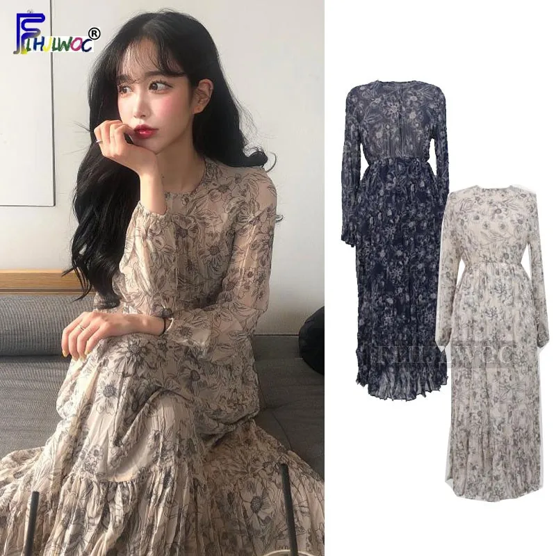 Женское винтажное платье с цветочным принтом длинное плиссированное тонкой