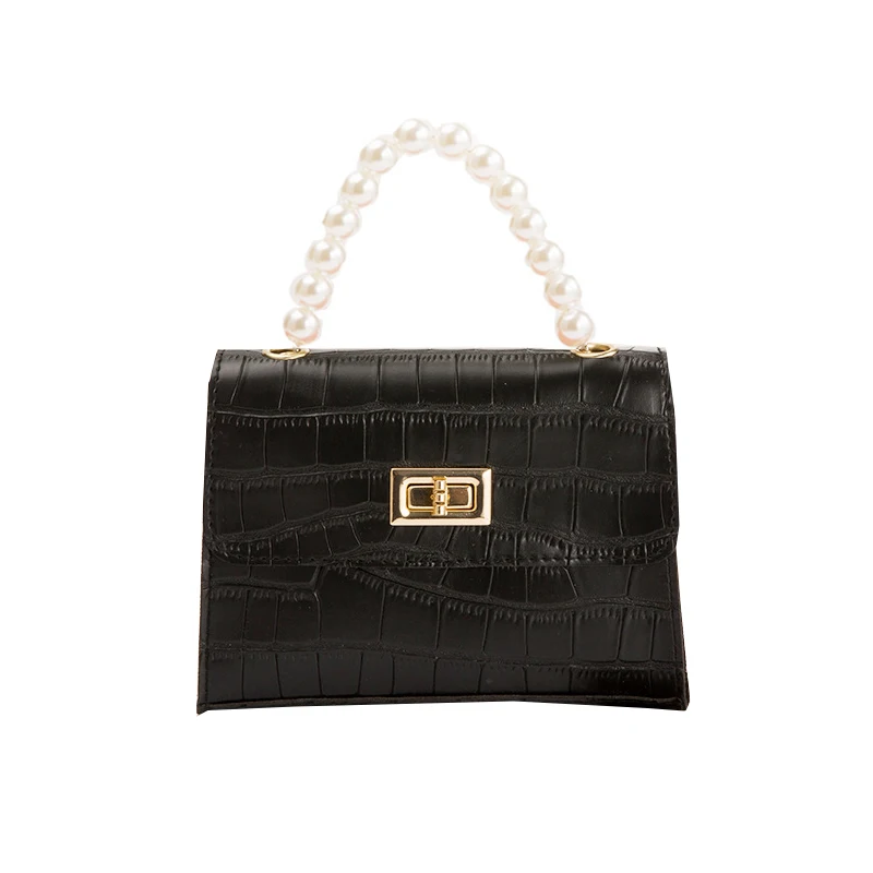 

Small Square Bag Ladies Crocodile Pattern Handle Bag Pearl Chain Sweet Shoulder Bag Women Mini Pu Leather Phone Purse Satchels