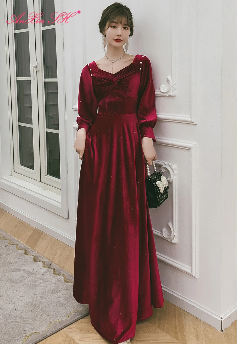 AnXin SH Princess sweetheart long sleeve velvet a line evening dress vintage zipper party brie wine red | Свадьбы и торжества