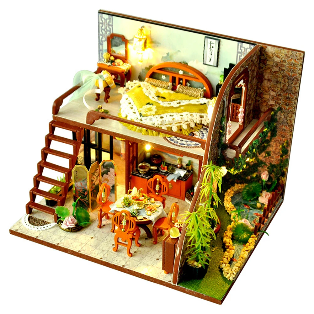 

DIY Miniature Doll House Pinellia Dutch Model Assembling Toys Dust Cover Wooden Dollhouse Building Blocks Toy for Children Gifts