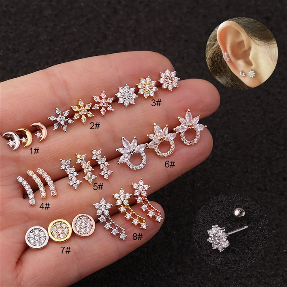 Серьга гвоздик из нержавеющей стали с фианитами украшение для пирсинга ушной