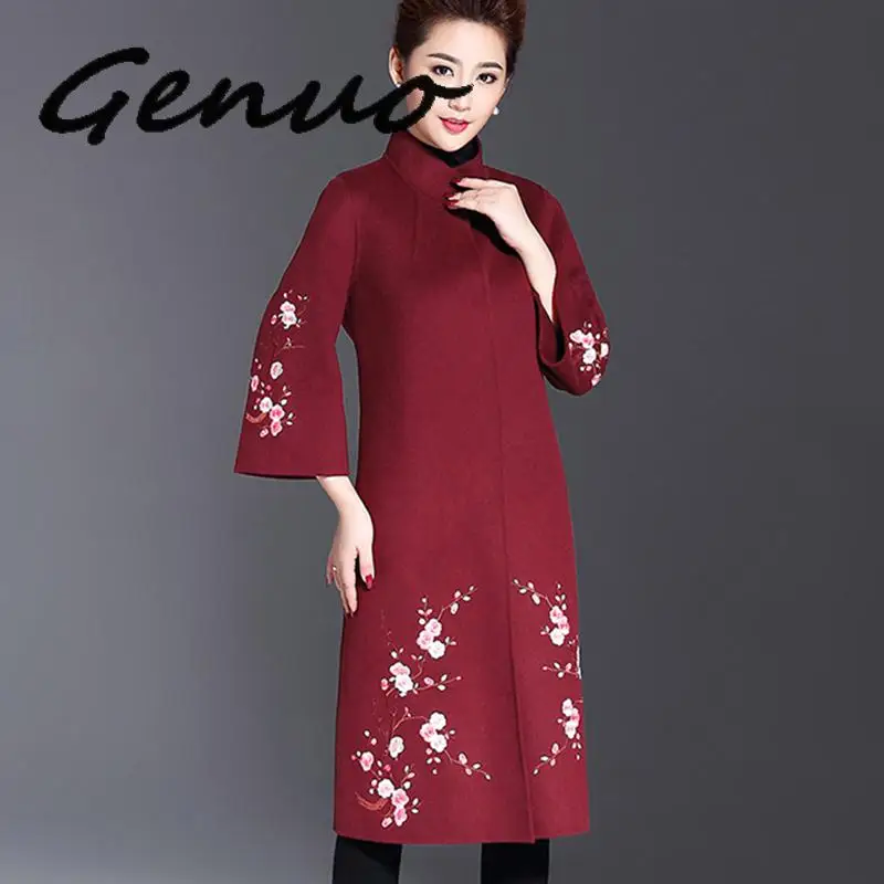 Женское шерстяное пальто с вышивкой длинное жаккардовое большого размера в