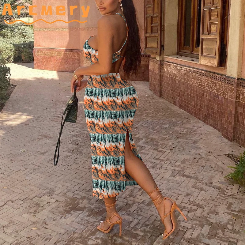 

2 Pieces Skirts Sets Women Printed Halter Backless Top & Bodycon Maxi Skirts
