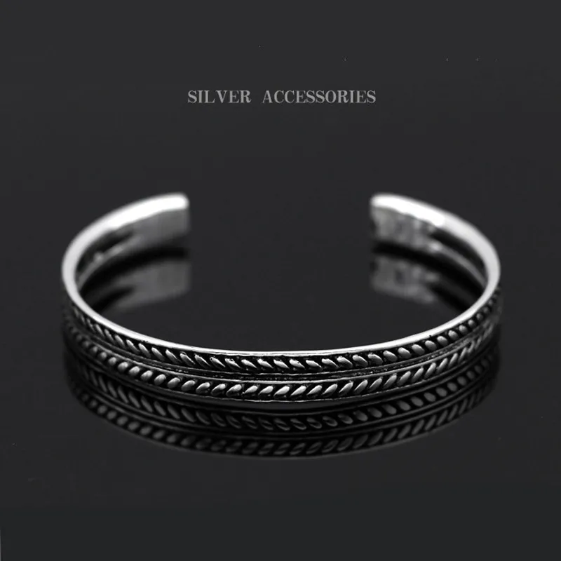

Hot Selling 925 Sterling Sliver Silver Color Vintage Decorative Leaves Pattern Open Bracelet Bangle For Women Men