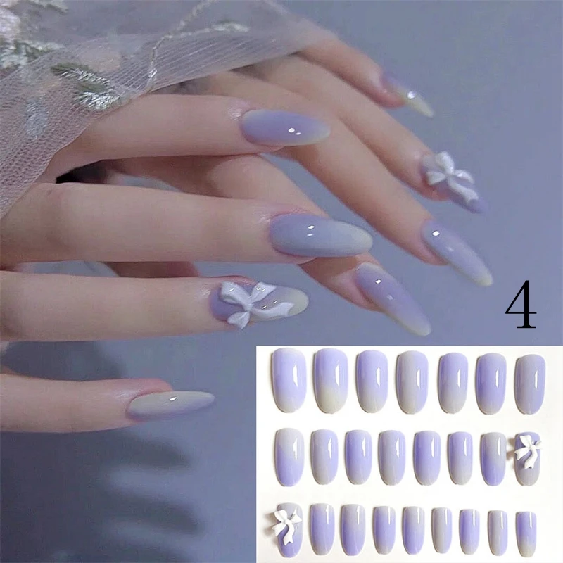 

24 Pcs Long Love Bow Design Fake Nails Press On False Nail Tips Extension Ballet Coffin Fake Nails Artificial Plastic Manicure