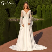 elegant lace long flare sleeve wedding dresses sexy backless romantic bohemia a line bridal robes bridal gown vestido de novia