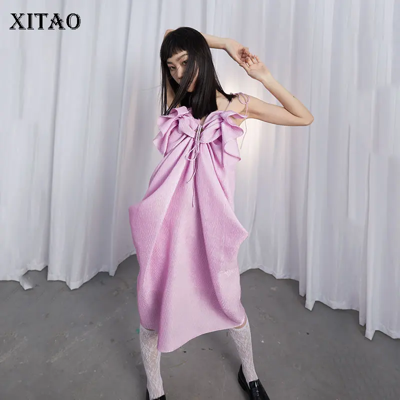 

XITAO/платье на бретельках с бантом и завязками; Модное свободное платье со складками; Новое модное летнее платье с оборками; DZL2830