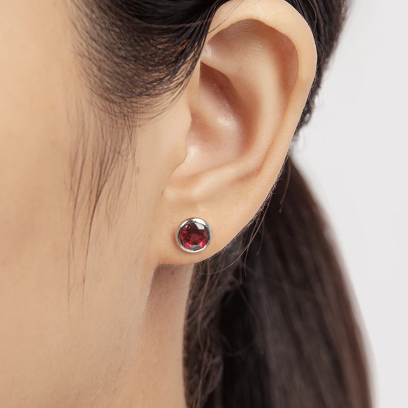 

OEVAS 100% 925 Sterling Silver Sparkling 6mm Round Garnet Wedding Party Stud Earrings For Women Engagement Fine Jewelry Gifts