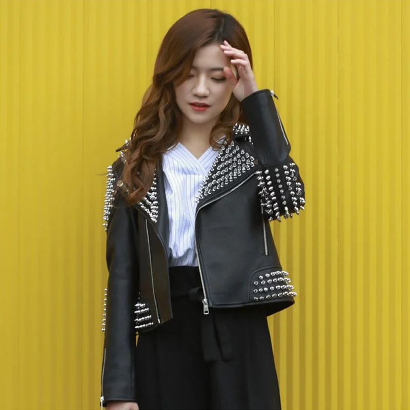 

Women Punk Studded Leather Jacket Black 2021 Autumn Heavy Work Rivet Washed Faux PU Leather Biker Hip-hop Female Street Outwear