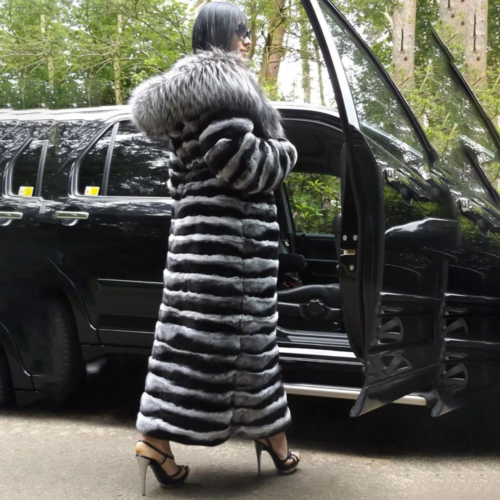 130cm X-long Natural Rex Rabbit Fur Coat With Silver Fox Fur Trim of Hood High Quality Women Winter Genuine Rabbit Fur Coat 2022