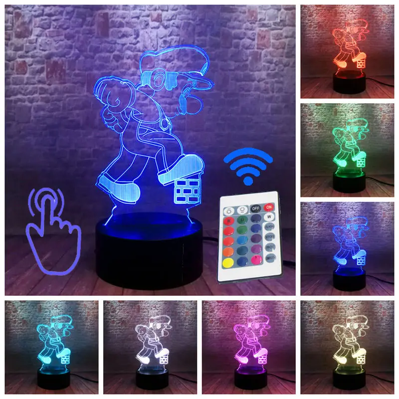 Remoter and Touch Супер Марио модель 3D Иллюзия светодиодный ночной Светильник Красочные мигающий светильник светится в темноте Super Mario Bross рисунок игрушки для детей - Цвет: Remoter and Touch