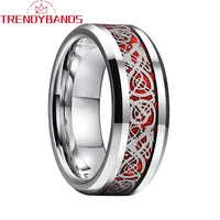 8mm red opal dragon inlay mens womens tungsten carbide wedding bands engagement rings beveled edges polished shiny comfort fit