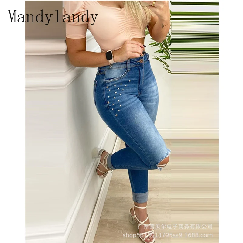 

Mandylandy Women's Vintage Hole Rivet Denim Pants Lady Ripped High Waist Bodycon Jeans Long Trousers