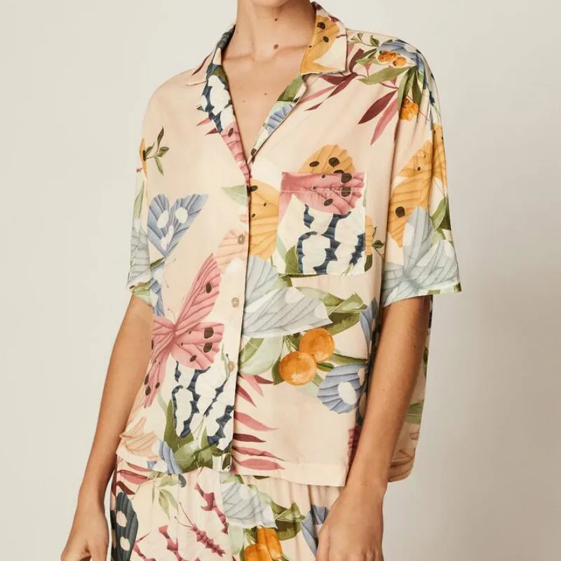 New Butterfly Printing Pajamas Turn-down Collar Womens Luxury Sexy Clothes Rayon Short-Sleeved Trousers Casual Pijama 2 Piece | Женская