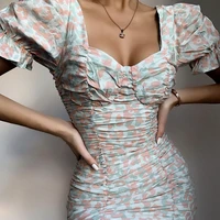 summer print floral dress women ruched ruffles summer female mini bodycon dress holiday style party ladies vestidos 2021 fashion