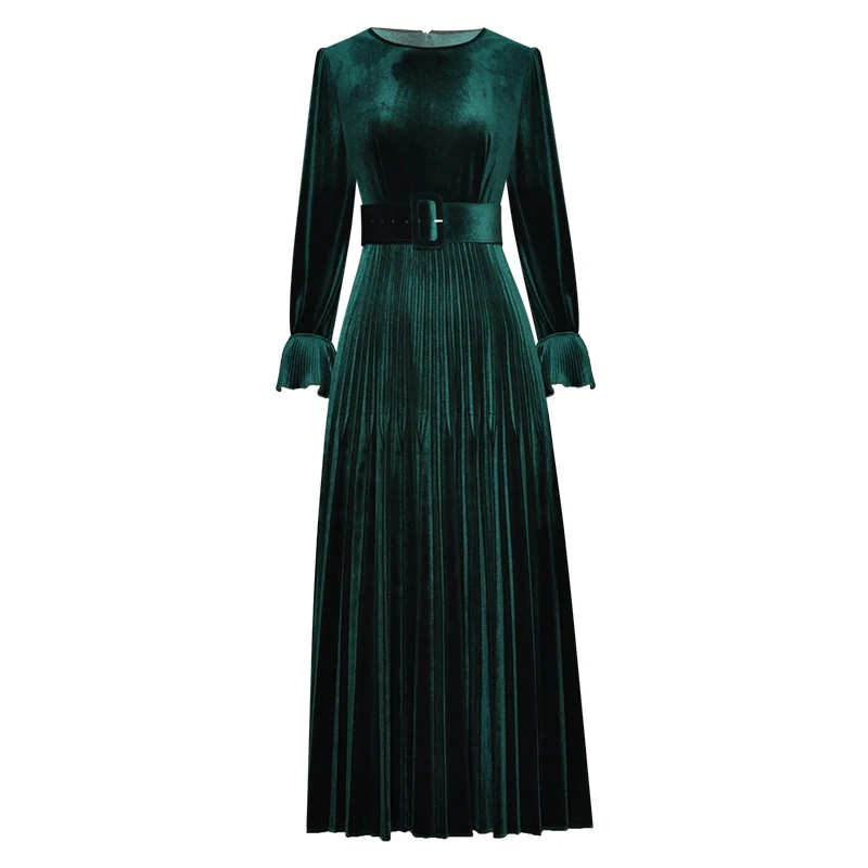 

Velvet Office Ladies Green Runway Fashion Flare Sleeve Autumn Winter Belt Blue Pleated Party Holiday Dress