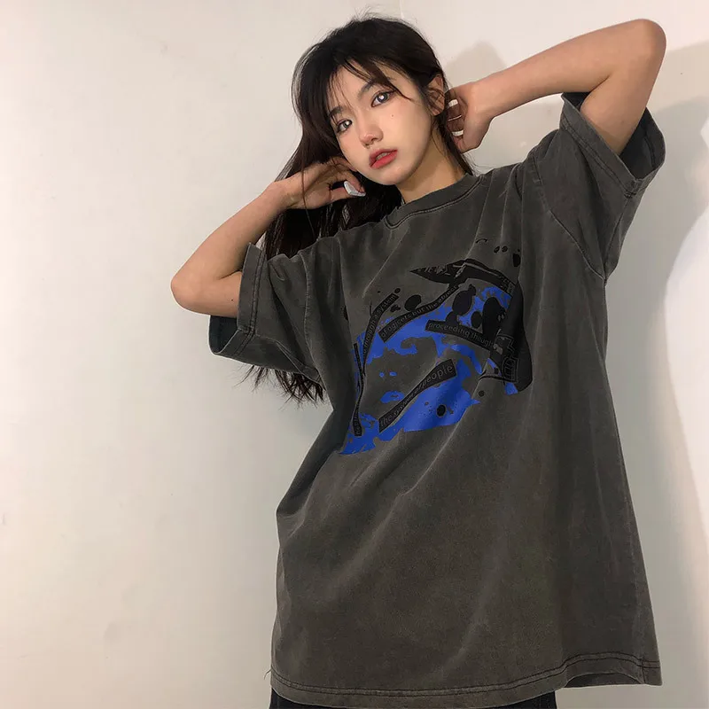 

Washed And Distressed Gray Short-sleeved Men And Women With The Same Style Abstract Face Print T-shirt Trendy Oversize