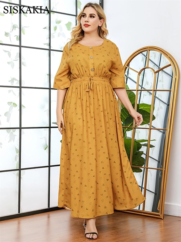 

Siskakia Cotton Dress Summer 2021 O Neck Half Sleeve Drawstring Stretch Waist A Line Swing Maxi Dresses Plus Size Arabic Clothes