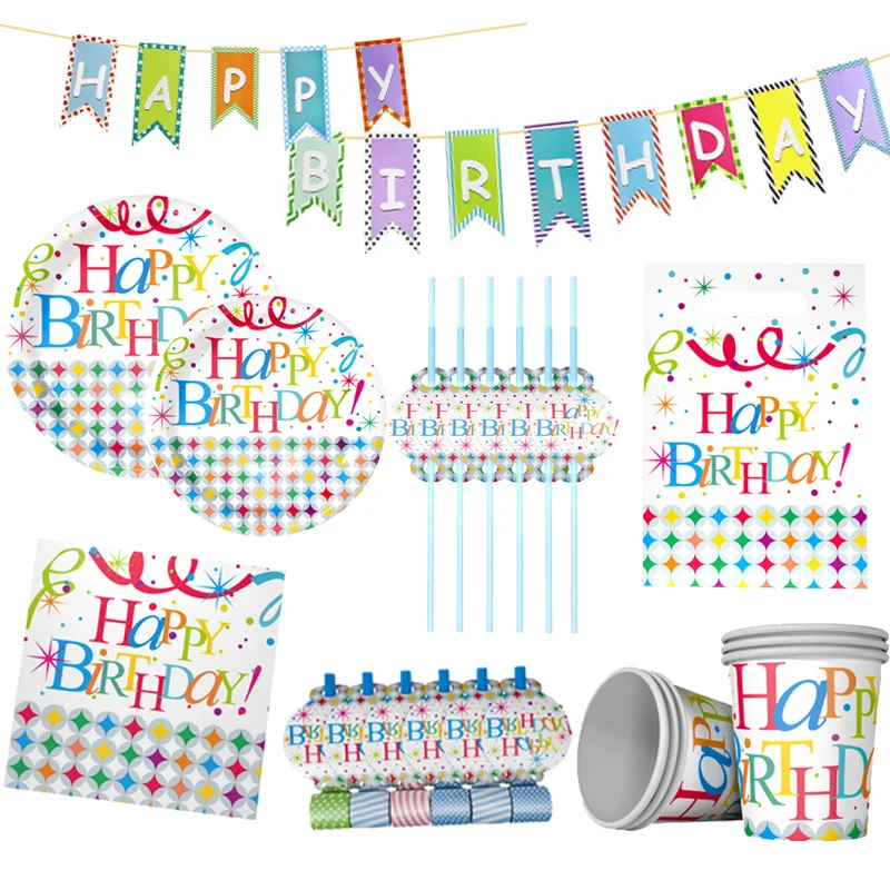 

Happy Birthday Theme Paper Plates Napkins Spoon Fork Tablecloth Disposable Tableware Set Children Kids Birthday Party Decoration