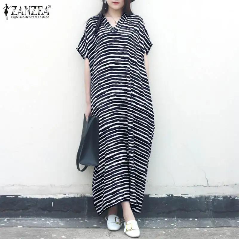 

Womens 2021 Summer Maxi Dress ZANZEA Daily Striped Robe Femme Lady Loose V Neck Vestidos Fashion Casual Short Sleeve Dresses 5XL
