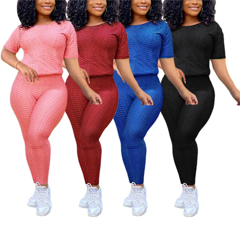 

2Pcs Pant Sets Women Summer Yoga Tracksuit Solid Color Short Sleeve T-Shirt + High-Waist Leggings Suit Female Fitness Sports Set