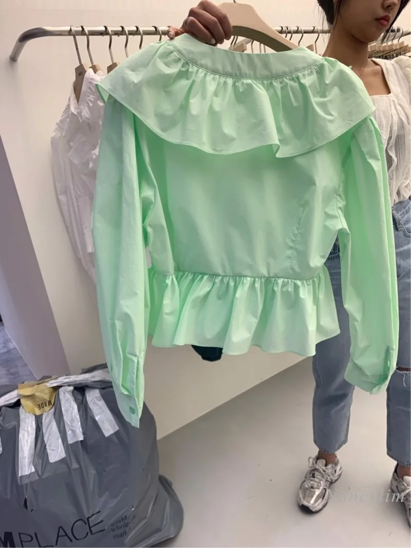 Chemisier court à manches longues pour femmes, nouvelle mode, col en v, volants irréguliers, haut de Style coréen, printemps et été, 2021