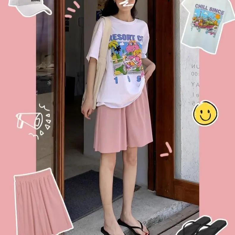 

Large size ice silk wide leg shorts women's summer loose 2020 new high waist straight pants vertical casual Capris