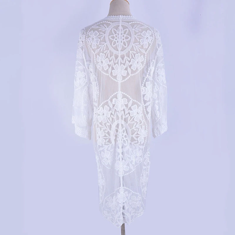 

[NODELAY] 2020 New Women Long Bikini Cover up Lace See-through Beachwear Cardigan Sexy Cover-up Beach Wear Female Beach Dress