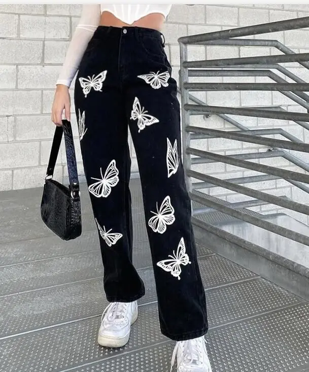 

Women Zipper Long Wide Leg Pants Ladies Casual High Waist Trousers Butterfly Printed Elasticity Pocket Loose Straight Pants new