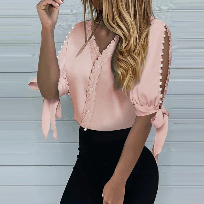 

2021 Women Elegant Button Lace-Up Shirt Blusa Summer Office Lady Solid Lace Shirt Tops Sexy Hollow Out Beading Blouse Streetwear