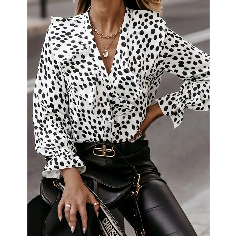 

Casual Print Ruffle Blouse Shirt 2020 Autumn Winter Long Sleeve Women Shirts Elegant Office Lady V-Neck Button Tops Blusa