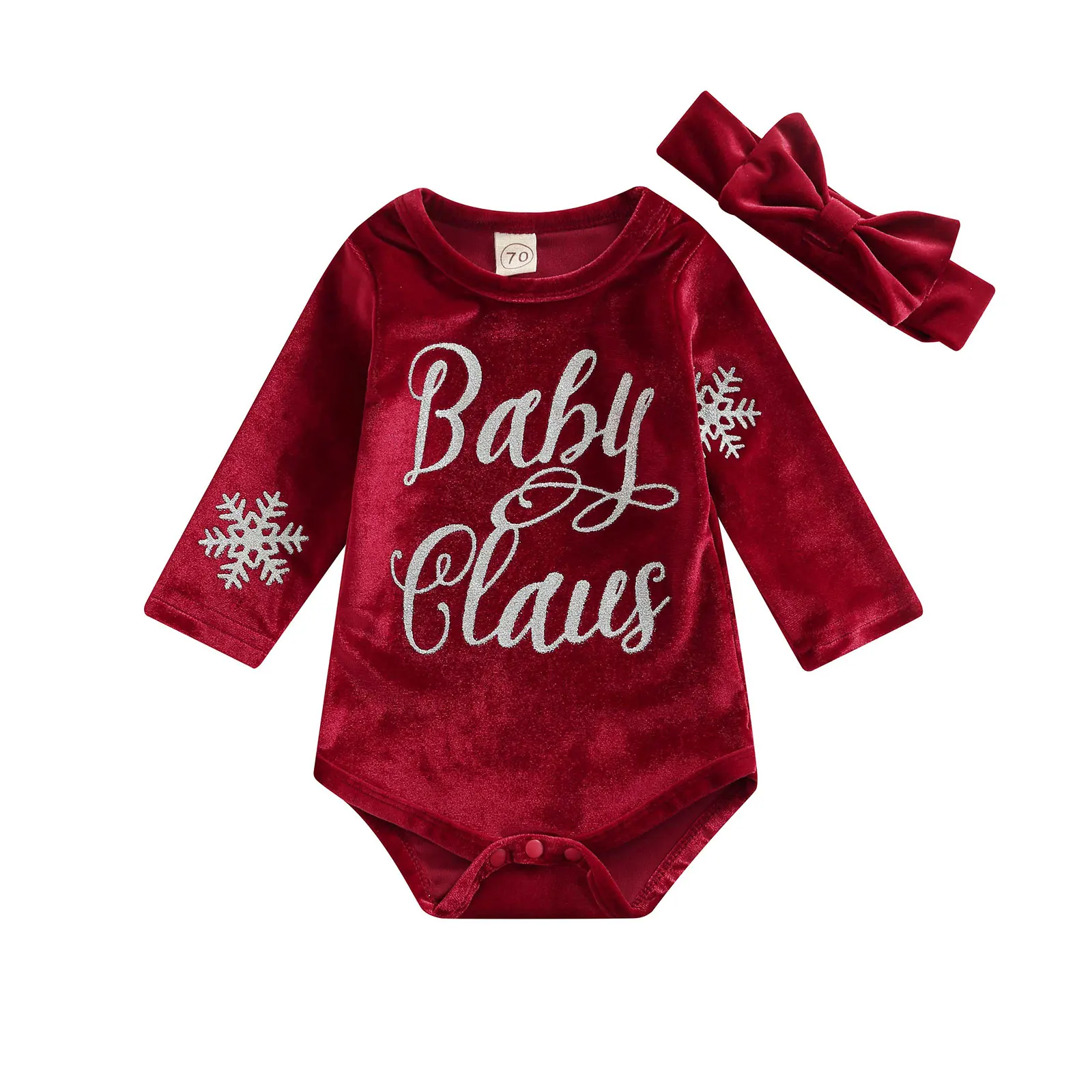 

2 Pcs Newborn Christmas Outfits, Infant Sparkly Letter & Snowflake Pattern Long Sleeve Round Neck Playsuit + Headband