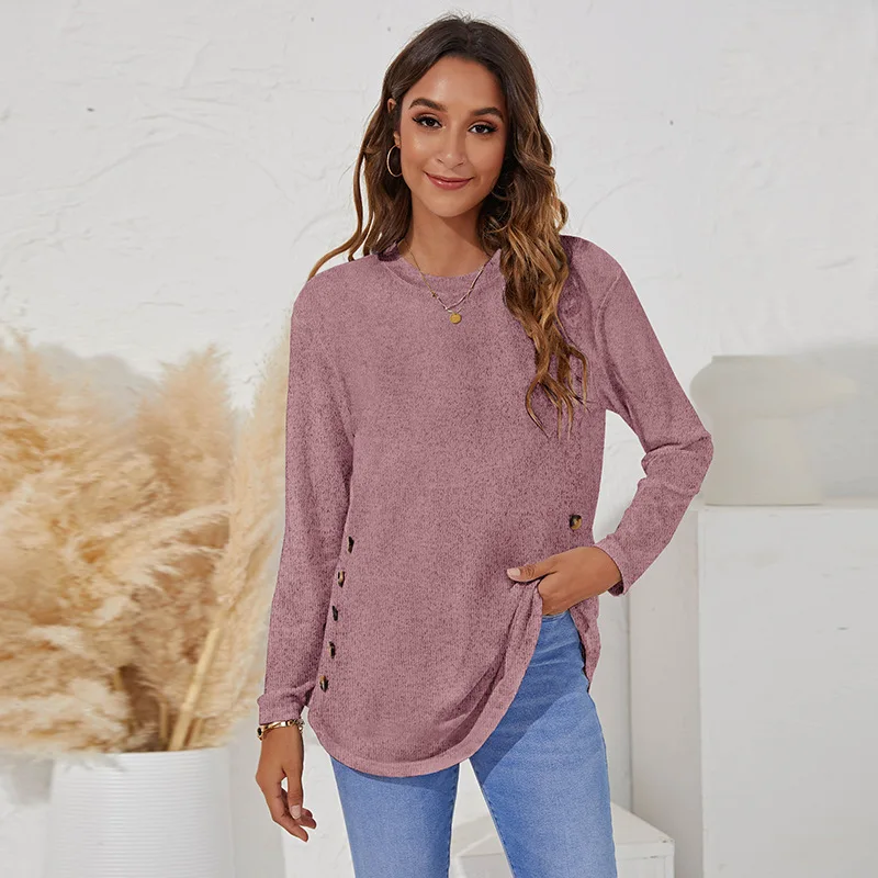 

2021 New Autumn Women Button Top Long Sleeve Solid Color Basic Tshirts Casual Loose Round Neck Good Quality Female Tops Femme