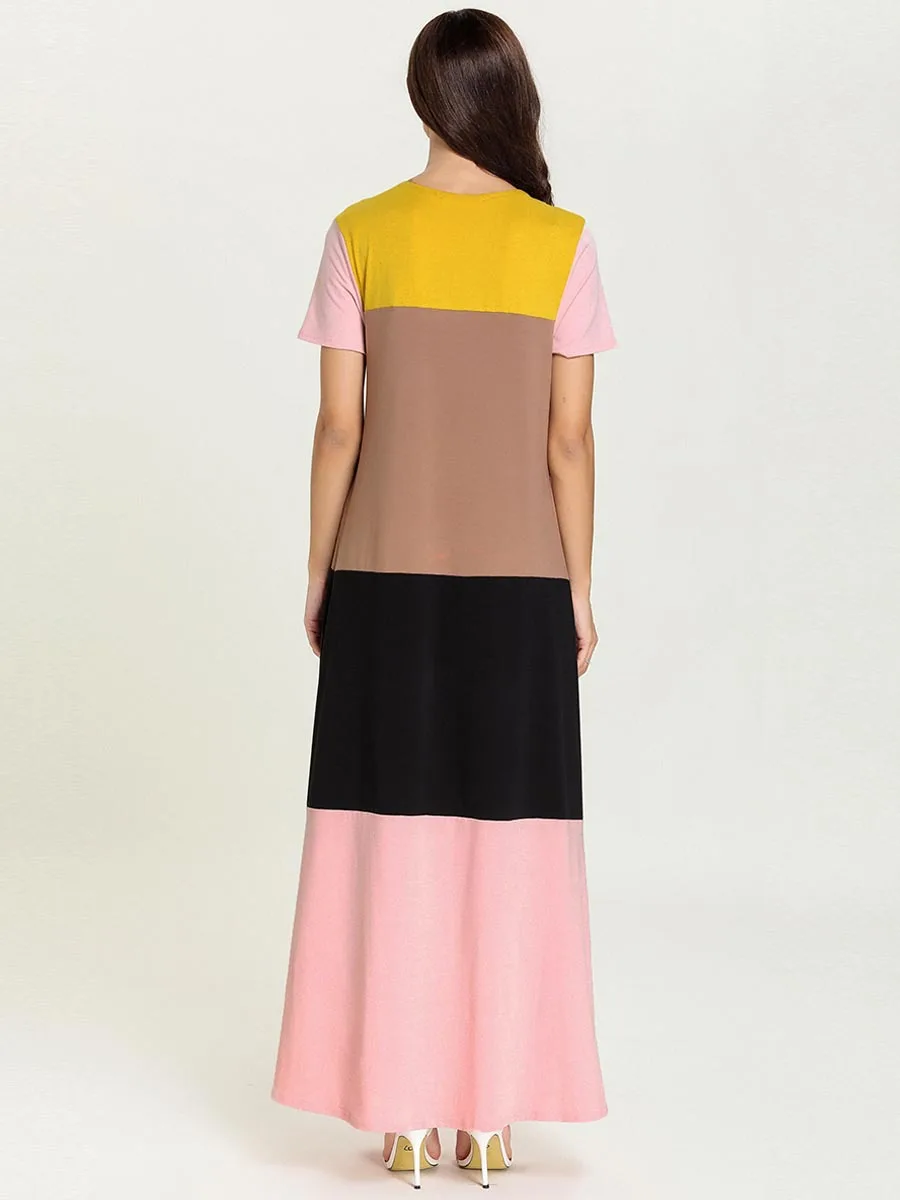 

women casual plus size color block patchwork maxi dress short sleeve muslim abaya female oversized robe dubai gown VKDR2487
