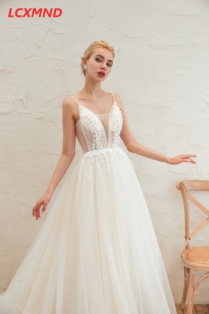 Spaghetti Straps Wedding Dresses 2019 Sweep Train Sexy Open Back Bridal Gowns Vestido De Noiva Illusion V Neck Gown | Свадьбы и