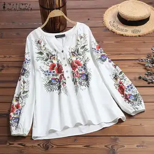 ZANZEA Bohemian Blouse Women Floral Printed Long Sleeve Shirt Spring V neck Vintage Tops Casual Work Blusas Femme Robe Chemise
