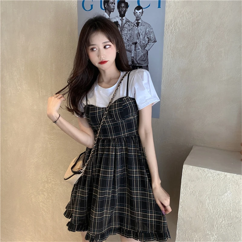 

2021 Spring New Women Sling Plaid Dress Korean White T Shirt Slim Short Mini Umbrella Dresses A477