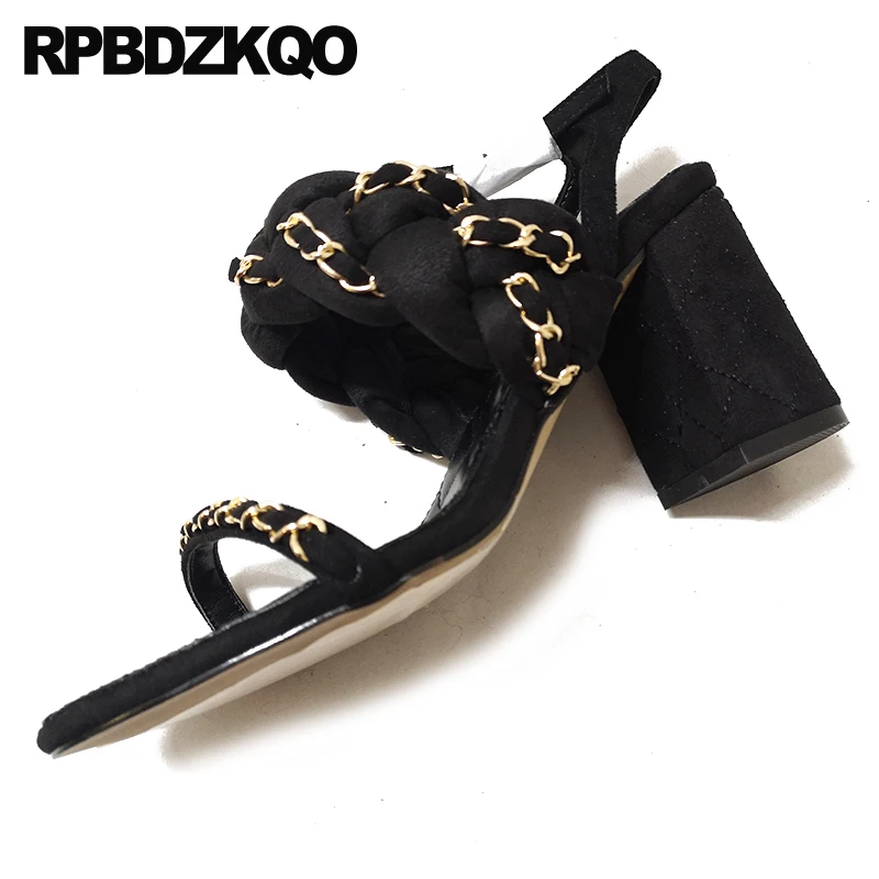 блок открытые носки обувь для каблуков черный толстый оранжевый дизайнер цепь