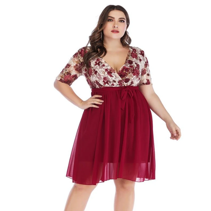Женское шифоновое платье с кружевом V-образным вырезом и принтом | Женская одежда
