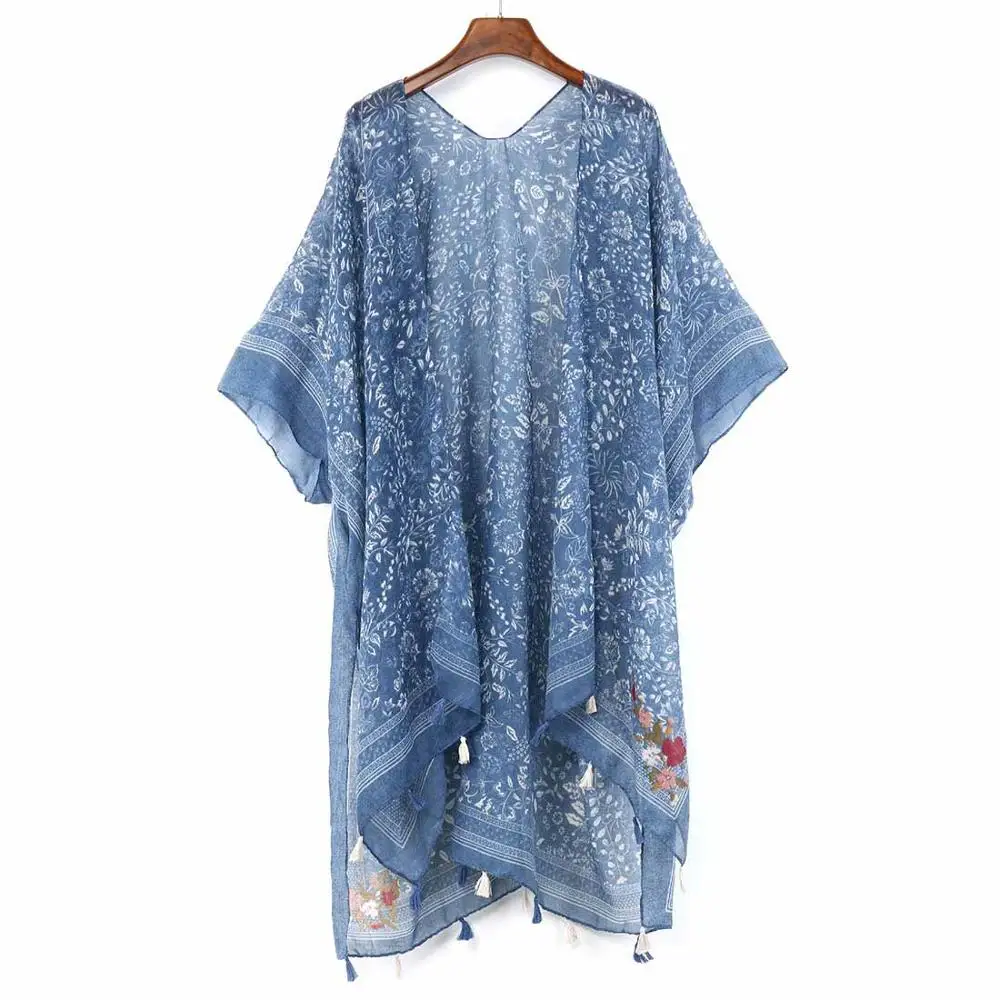 4 Разноцветное кимоно с цветочным принтом Mujer bluse Feminino Летний Пляжный длинный кардиган Женская винтажная блуза Boho Топ кимоно Женская рубашка - Цвет: 4