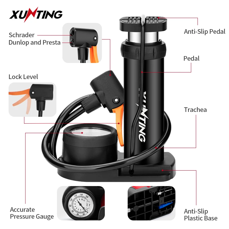 Xunting Bicycle Foot Pump Portable Pressure Gauge Presta &ampSchrader Valve Air 140PSI Inflador Bicicleta Accessories | Спорт и