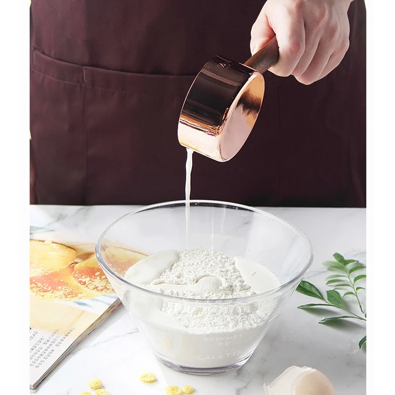 4Pcs Walnut Wooden Handle Stainless Steel Measuring Cup Spoon Plated Copper Rose Gold Kitchen Baking Set | Дом и сад